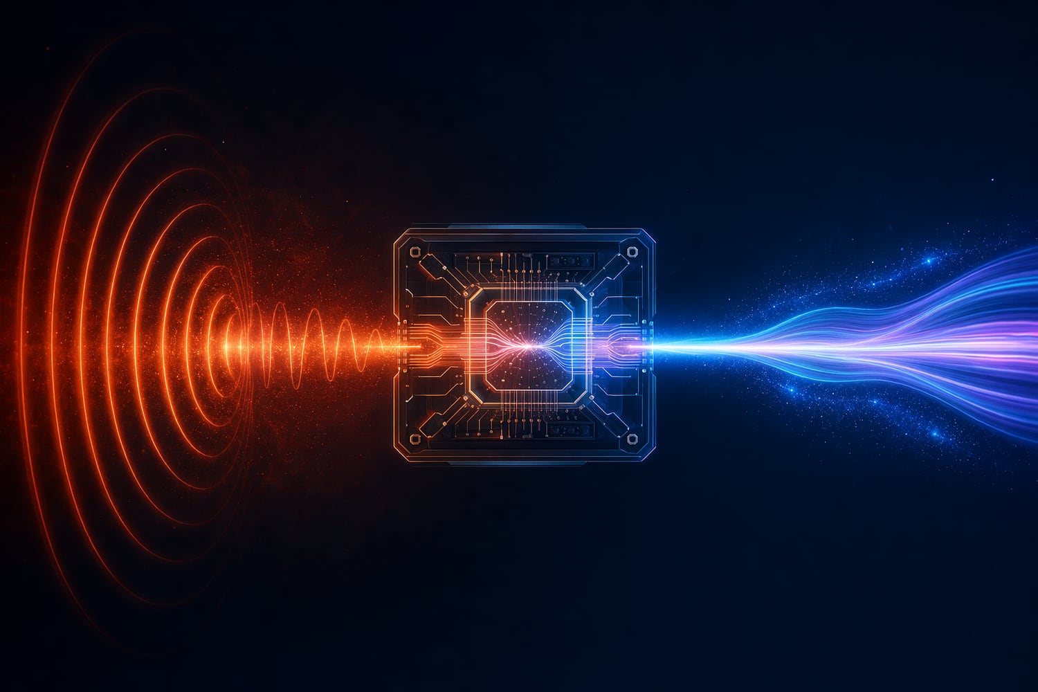 Microwave waves entering a photonic chip on the left and emerging as an optical beam on the right